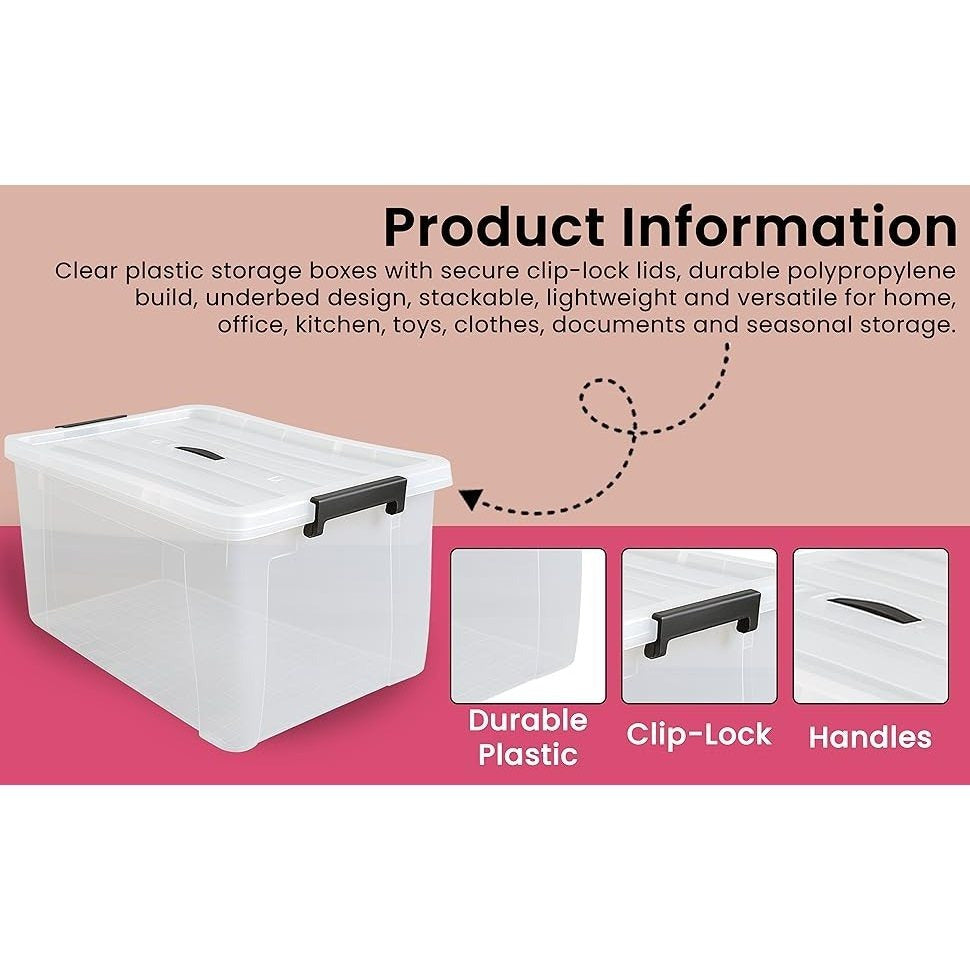 Clear Plastic Storage Boxes with Lids, Heavy-Duty Durable Stackable Plastic Storage Containers, Underbed Storage Boxes, Secure Clip-Lock Lid for Home, Office, Kitchen, Toys (3, 12ltr)