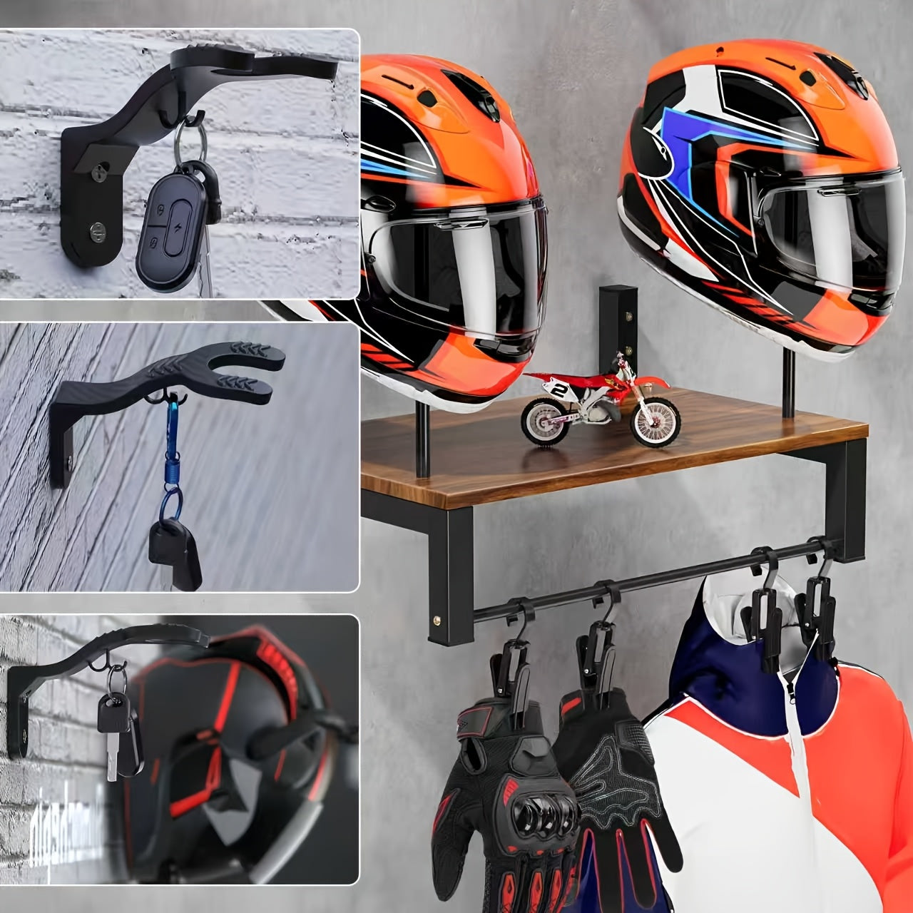 [Wooden Display Rack] Durable Wooden Wall-Mounted Motorcycle Helmet & Gear Display Rack with Key Holder*1 And Hooks
