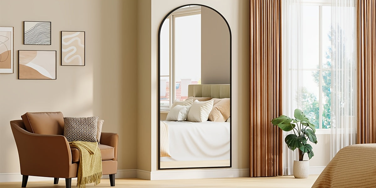 Arched Floor Mirror with Stand | Tempered Glass, Aluminium Alloy Frame, Black, Modern Style, Suitable for Bedroom and Living Room Entry, Vertical Orientation, HZUANERI Brand