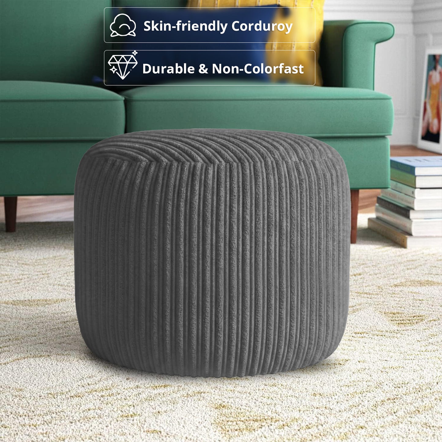 Jumbo Cord Footstool Pouffe, Round Shape Corduroy Bean Bag Ottoman Footrest for Lounge & Bedroom, Durable & Stylish Ergonomic Design