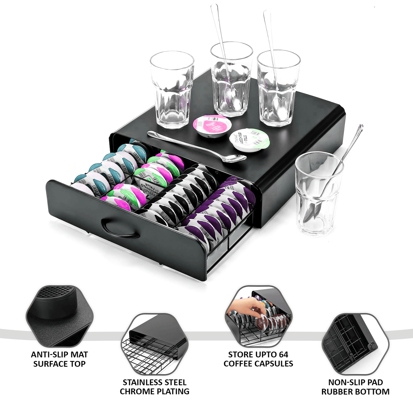 64 Compatible Coffee Pod Holder - 64 Capsules Stackable Stand - Non Slip Base Black T-Disc Coffee Capsules Stand & Pod Storage Drawer Anti-Vibration Design