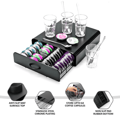 64 Compatible Coffee Pod Holder - 64 Capsules Stackable Stand - Non Slip Base Black T-Disc Coffee Capsules Stand & Pod Storage Drawer Anti-Vibration Design