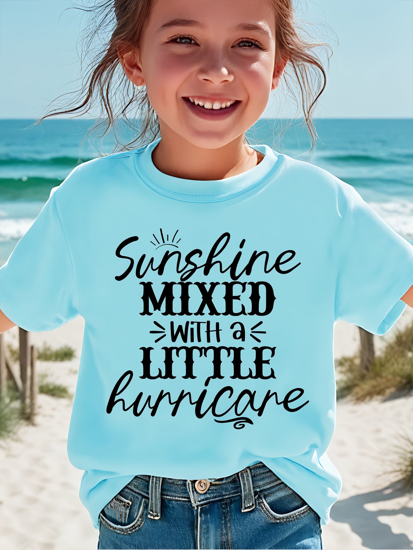Girl Sunshine MIXED with a LITTLE Hurricane Simple Letter Print Short Sleeve Casual Versatile T-shirt