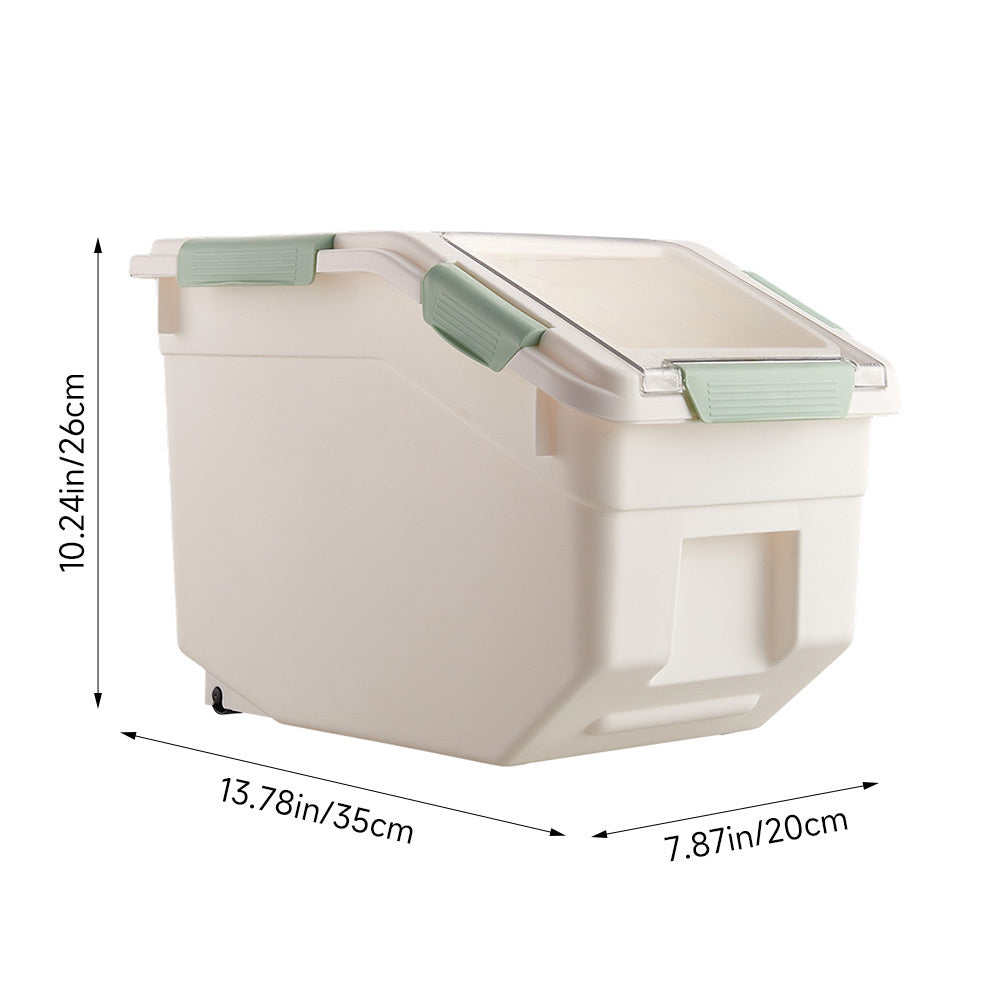 Rice Dispenser 10kg with Scoop, PP Rice Storage Container with Lid & Wheels for Dog & Cat Food, Flour, Cereal, Nuts, Beans, Kitchen Storage Box, Grey/ Green, 35*20*26CM