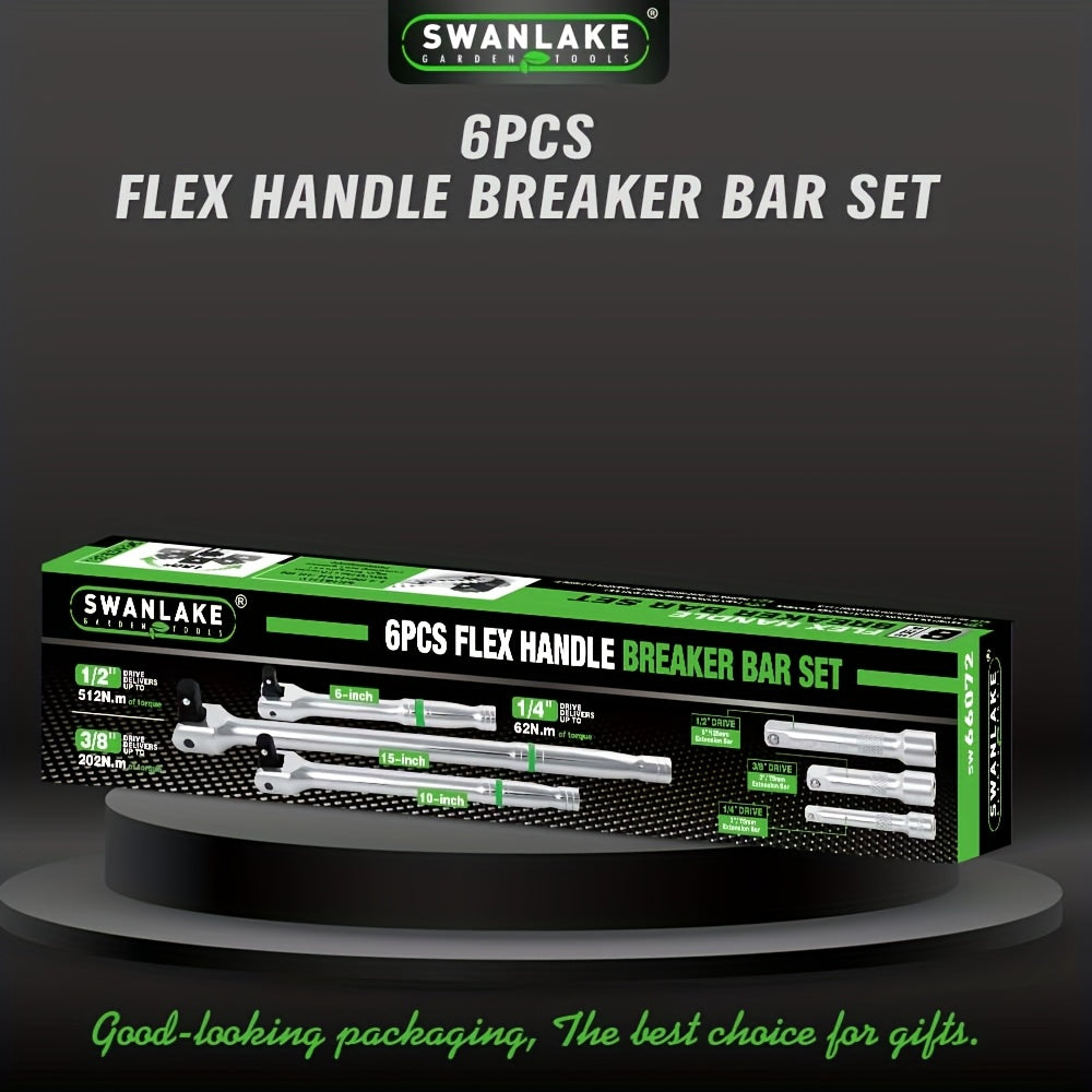 SWANLAKE 6pcs Breaker Bar Set, -1/4", - 3/8" & 1/2" Drive, -Heavy Duty Breaker Bars, - 6-inch, - 10-inch, - 15-inch Length with 180° Rotatable Head