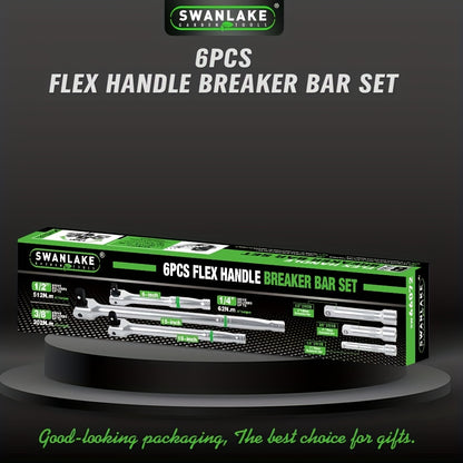 SWANLAKE 6pcs Breaker Bar Set, -1/4", - 3/8" & 1/2" Drive, -Heavy Duty Breaker Bars, - 6-inch, - 10-inch, - 15-inch Length with 180° Rotatable Head