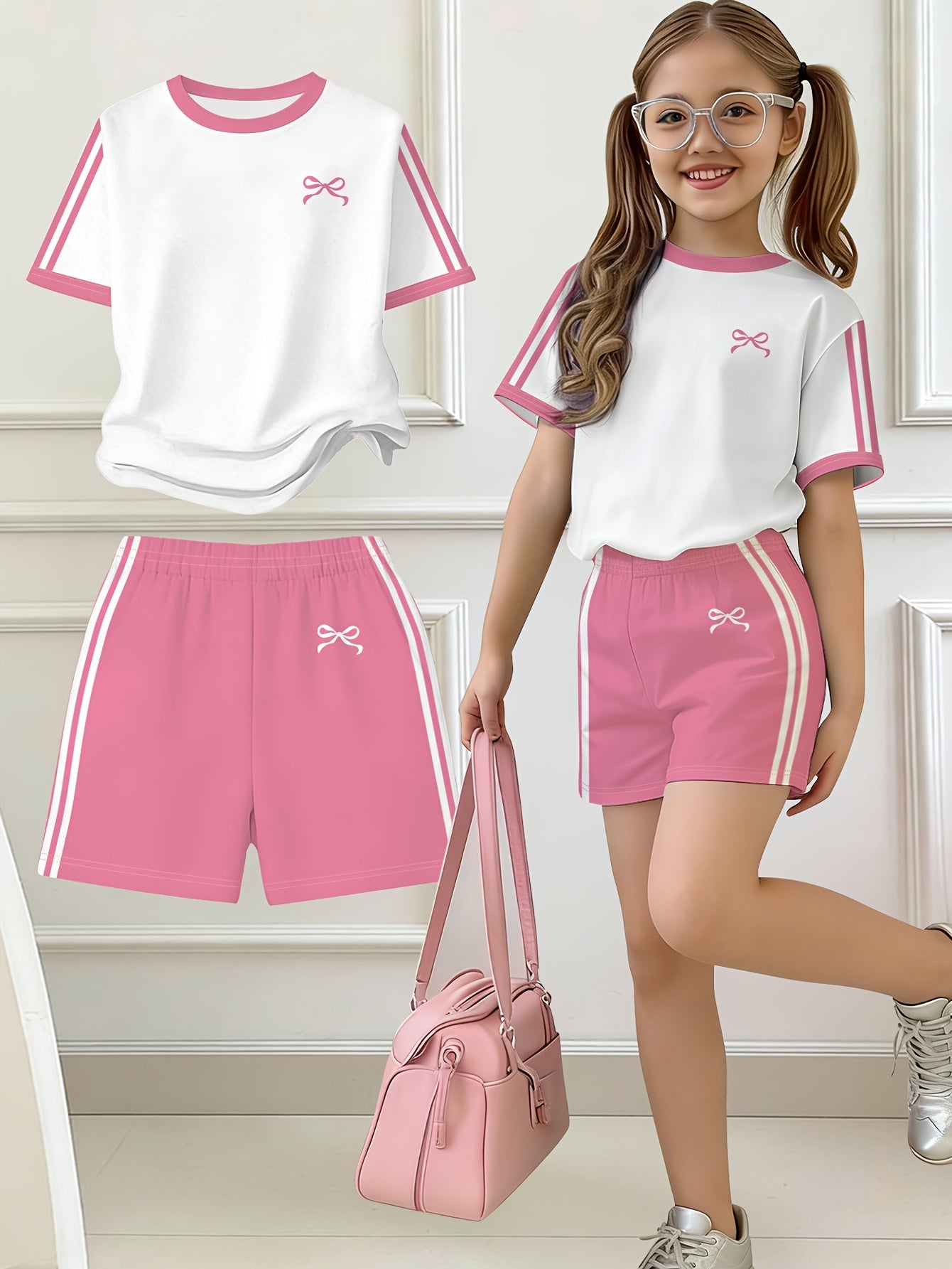 2pcs Set, Easy Bow Print Short Sleeve T-Shirt And Shorts Set, Star Style, Suitable for Spring And Summer, Back-To-School Outfit, Y2K Fashion, Campus Activities, Comfortable Casual, Fashionable And Playful, Hippie Style, Retro Sweet American Style