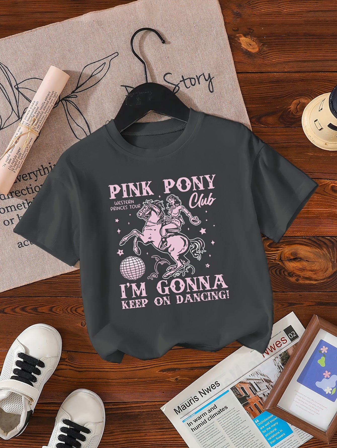Girls' Casual Short Sleeve T-Shirt - Pink Pony Club Graphic "I'm Gonna Keep On Dancing" Single-Sided Print, Soft Polyester Blend, Comfort Fit Round Neck Top for Spring Summer Fall, Dance Gifts for Girls
