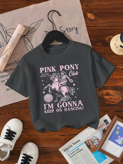 Girls' Casual Short Sleeve T-Shirt - Pink Pony Club Graphic "I'm Gonna Keep On Dancing" Single-Sided Print, Soft Polyester Blend, Comfort Fit Round Neck Top for Spring Summer Fall, Dance Gifts for Girls