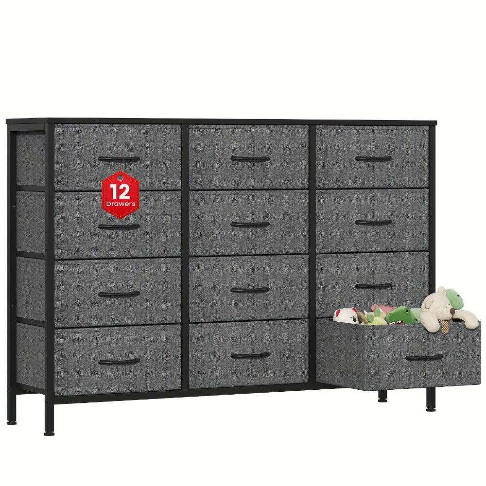 12 Drawer Chest of Drawers Fabric with Wooden Frame & Gold Handles – Tall Storage Unit for Bedroom Living Room Hallway Deep Grey Beige