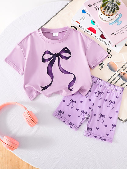 2pcs Set of Casual Loose-fitting Round-neck Short-sleeve T-shirt and Shorts for Girls Aged 1-6, Featuring Cute Heart and Bowknot Prints, Suitable for Daily Wear, Outings, Home, and School in Spring and Summer, Perfect for Outdoor