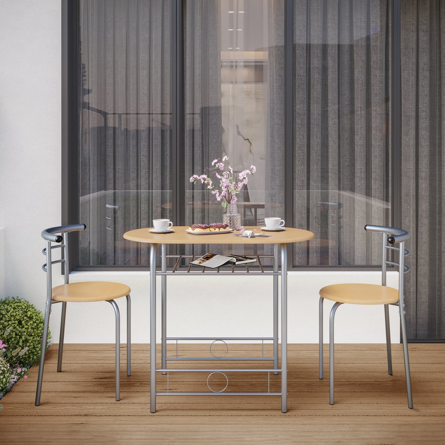 Costoffs 3 Piece Dining Table Set Modern Kitchen Table Set Space Saving Table and 2 Chairs Set with Steel Legs/Storage Rack for Kitchens/Balconies/Bedrooms/Apartments/Cafés, Natural/Drift Brown/White