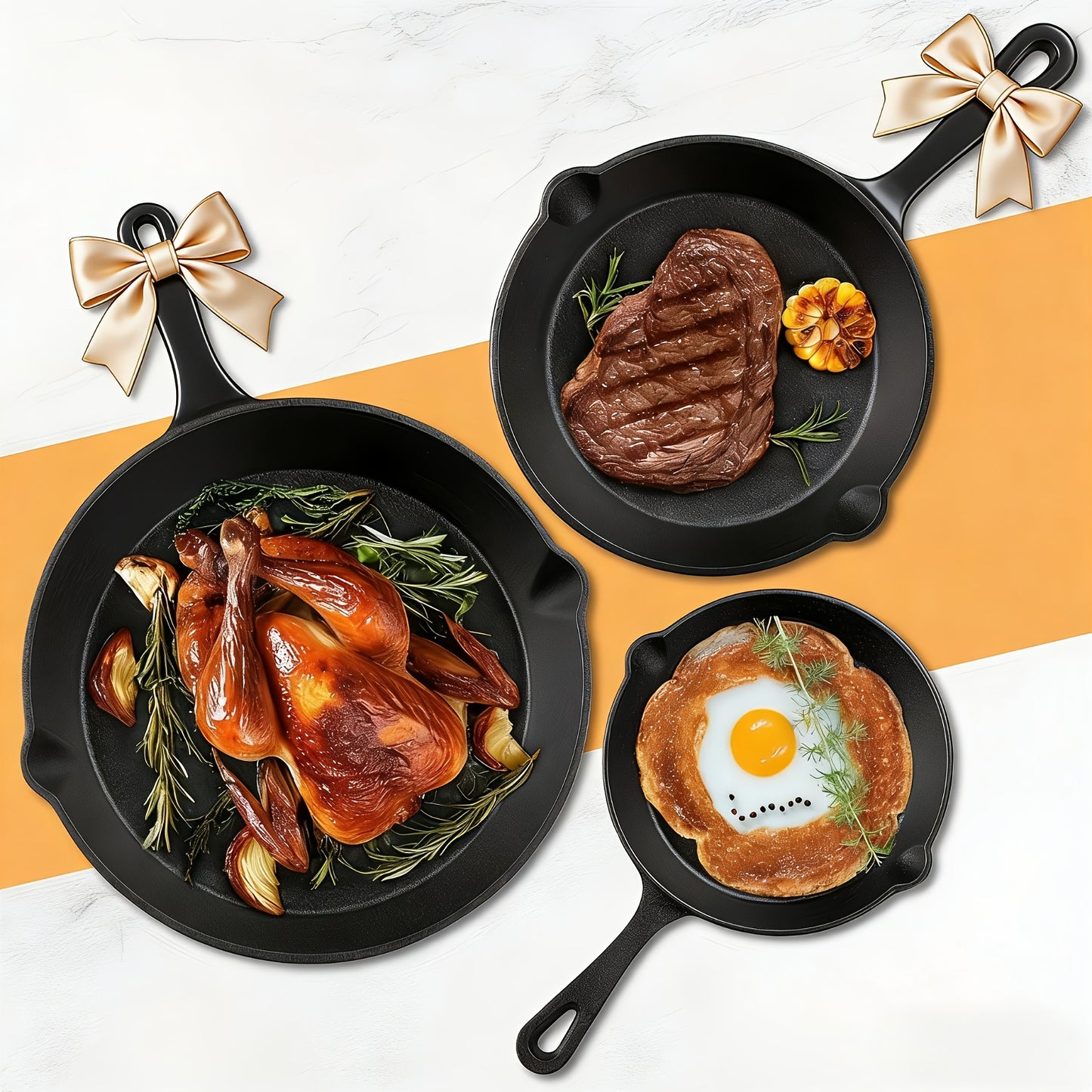3pcs Cast Iron Cooking Set - with Oil Brush, Multi-functional Cookware - Suitable for Indoor And Outdoor Use. The Outdoor Cooking Pan Can Be Used As A Heavy-duty Professional Restaurant Chef's Frying Pan Or Egg Pan