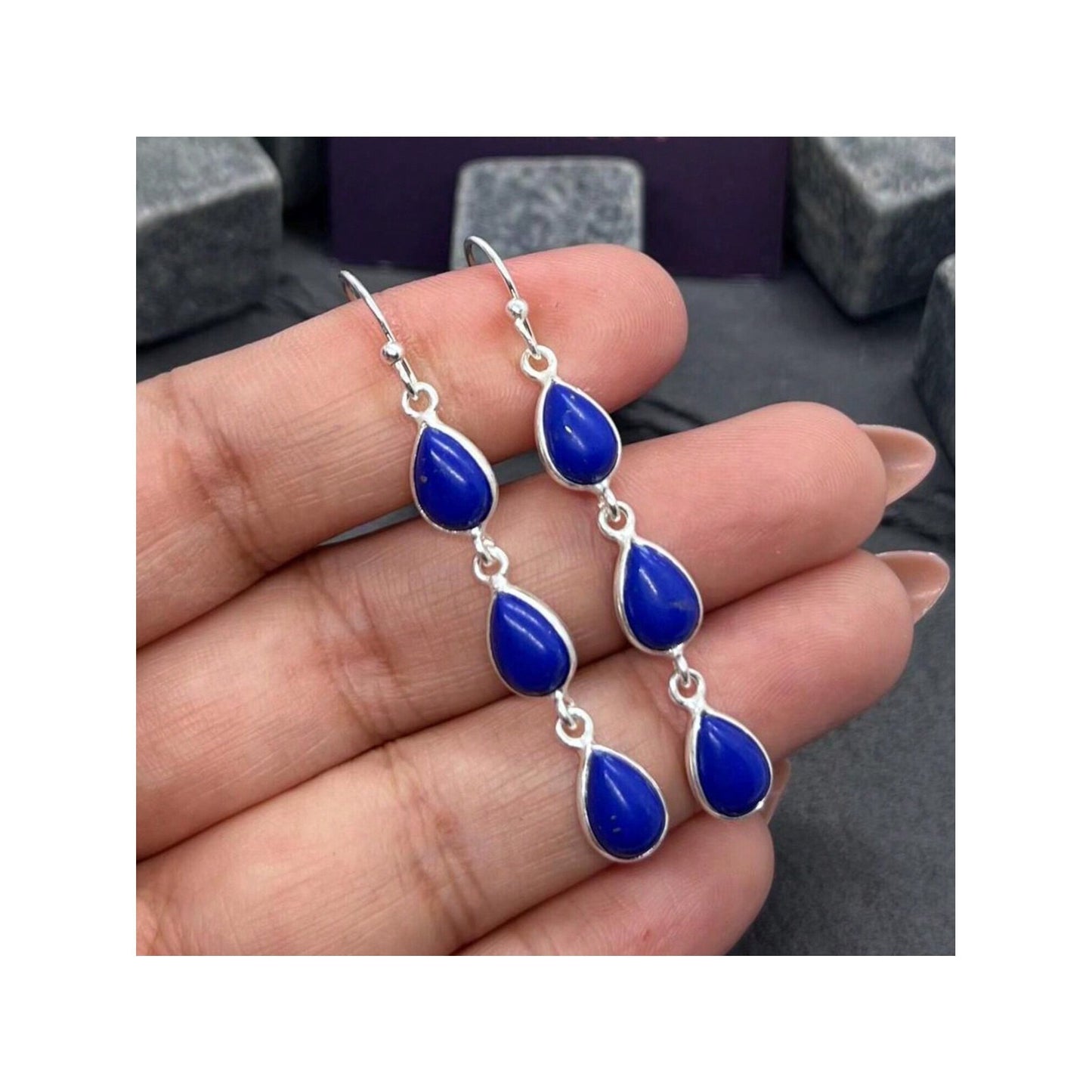 925 Sterling Silver Natural Gemstone 3 stone long Earring, Bezel Set Birthstone Ring, Perfect gift