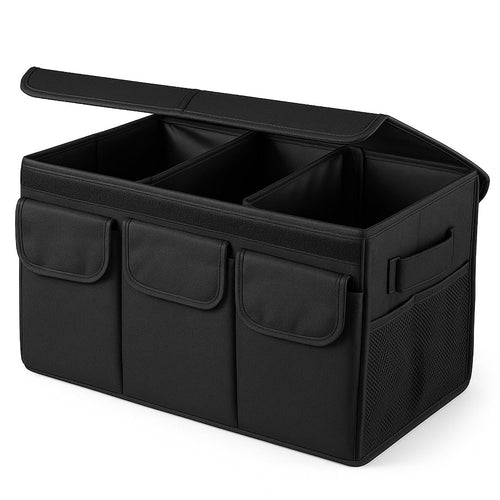Durable Foldable Car Trunk Organizer with Lid for Cars, SUVs, and Vans – Luggage Sorting Bin with Accessory Compartments for On-the-Go Organization