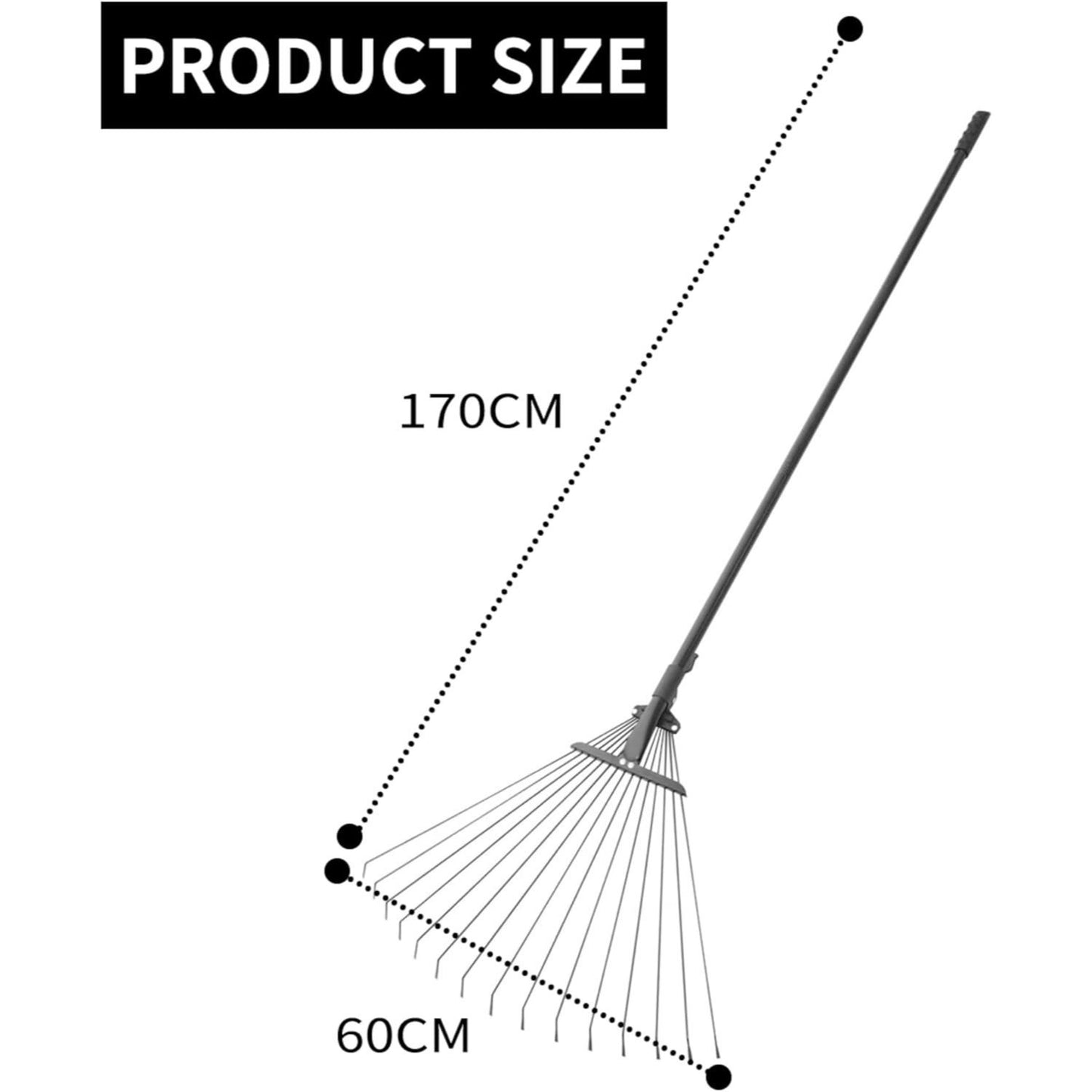 Leaf Rake, 15 Metal Tines, Adjustable Garden Rake with 20-60 cm Wide Head and 81-170 cm Handle, Tool for Removing Leaves in Gardening, Patio, Lawn