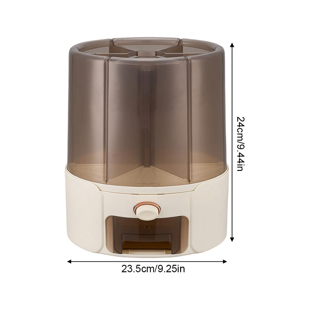 Transparent Grain Storage Containers, 6 Grid 360 ° Rotating Kitchen Rice Bucket, Rotating Dry Food Dispenser, Rotating Food Storage Dispenser, Space Saving, Cream Yellow