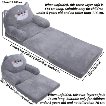 Cozy Kid Folding Sofa, Plush, Washable Lounge Chair for Playroom & Nursery, Gray Dog Style Foldable Wide Handle Soft Breathable Toddler Chair for Reading Relaxing Sleeping