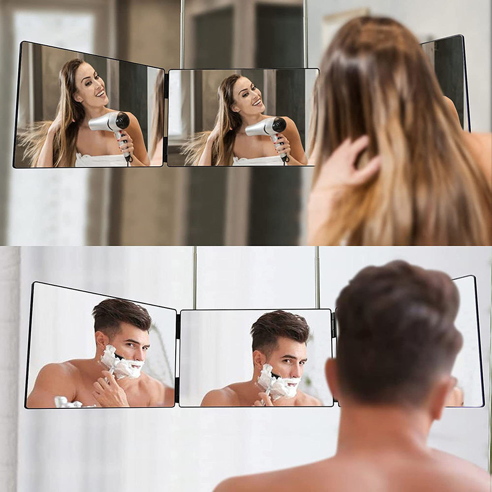 Multi-Functional Tri-Fold Makeup Mirror, Foldable Barbering Tri-Angle Mirror - Height-Adjustable, Hook-Mounted, Foldable, Wall-Mounted, Suitable for Self-Haircutting, Shaving, Grooming, Facial Treatments and Makeup Application