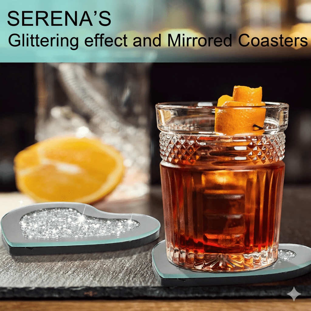 Serena's® Set of 4 Crystal Coasters – 10cm Glass Mirrored Drink Coasters with Glitter Crushed Diamond Design – Elegant Coasters for Home, Kitchen, Bar, or Table Decoration