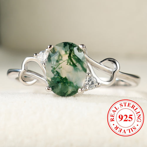 Pure Silver Elegant Niche S925 Natural Moss Agate Round Infinity Engagement Wedding 1.9G Ring (Ring Box Is a Photography Prop) Note: Moss Agate Is a Natural Stone, Each Pattern Is Slightly Different