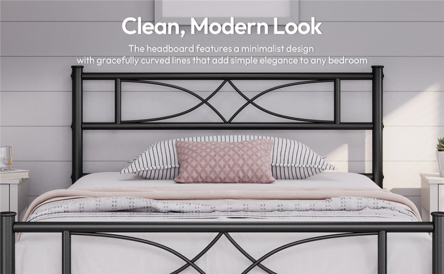 Curved Headboard Metal Bed Frame Platform Bed Vintage Style Built-in Steel Slats 32cm Underbed Storage No Box Spring Needed Single Double King Black White