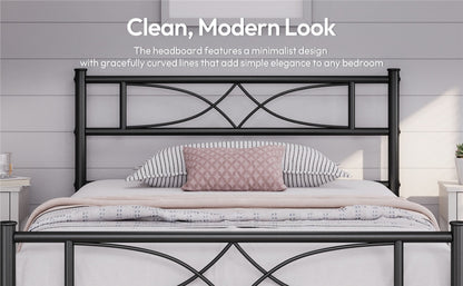 Curved Headboard Metal Bed Frame Platform Bed Vintage Style Built-in Steel Slats 32cm Underbed Storage No Box Spring Needed Single Double King Black White
