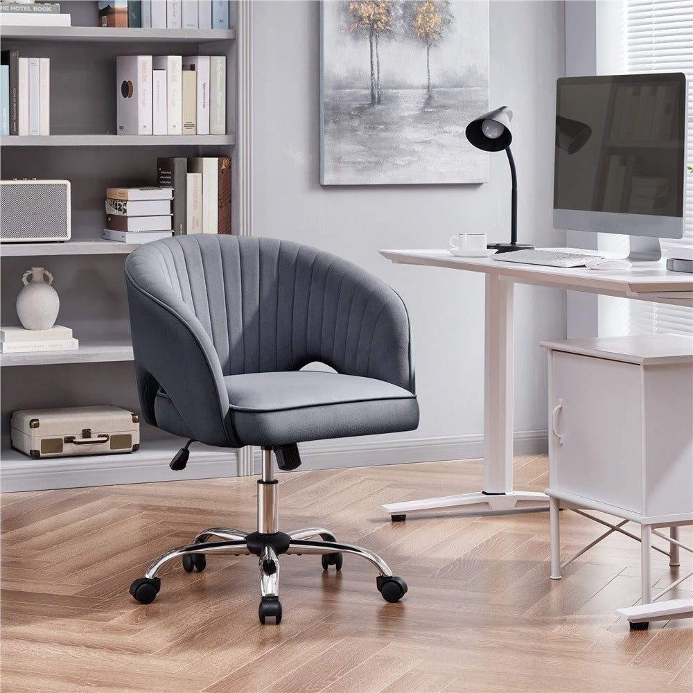 Tufted Velvet Swivel Office Chair with Height Adjustable Seat & Rolling Wheels – Barrel Desk Chair for Home Office, Bedroom & Vanity, Pink White Cream Grey