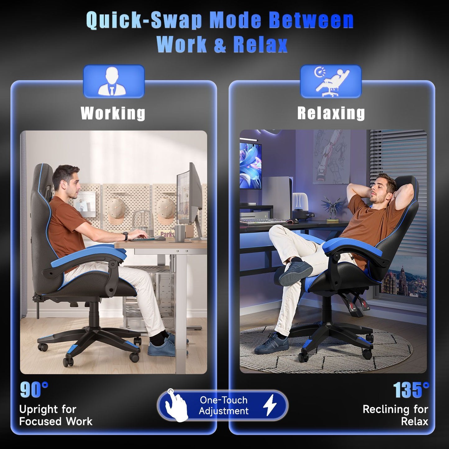 GartistGo Ergonomic Gaming Chair - Gamer Chairs with Lumbar Cushion + Headrest, Height-Adjustable Office & Computer Chair for Adults, Girls, Boys (Without footrest)