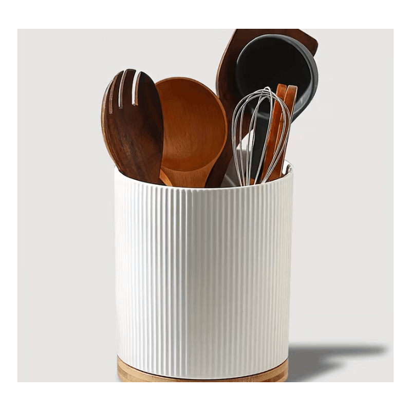 360° Rotating Ceramic Kitchen Organizer with Detachable Bamboo Base – Space-Saving Utensil Holder for Countertops, Perfect for Cooking Tools, Flower Vases, and Whisky Glasses, Kitchen Accessories