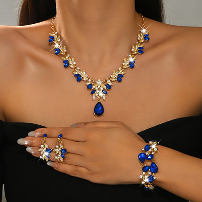 Luxury Blue Jewelry Three-Piece Set: Teardrop Pendant Necklace + Bracelet + Earrings, Women's Banquet Accessories
