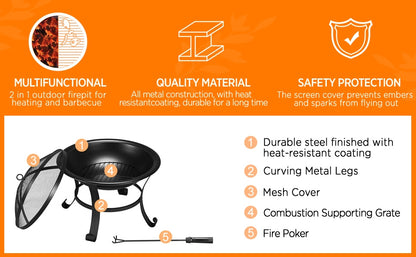 Costoffs Fire Pit, Outdoor Fire Pit Round Steel Fire Bowl for Camping, Hiking and Beach Parties, Patio Fire Pit with Mesh Screen Cover Fire Poker Log Grate for Yards, Porches, Patio, Stores, Patio BBQ Camping Bonfire, Black