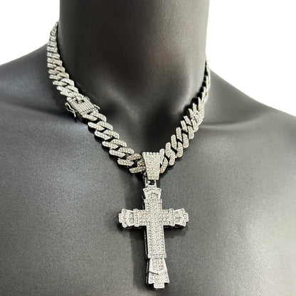 Hip-Hop Plus Size Large Pendant Full Rhinestones Double Layer Thickened Cross Hollow Buckle 14mm Wide Cuban Chain Necklace New Product Creative
