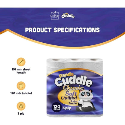 Panda Cuddle 3-Ply Quilted Toilet Paper 120 Rolls – Ultra Soft Hypoallergenic Bulk Loo Rolls, 134 Sheets Per Roll, Septic-Safe Unscented Bathroom Tissue for Home & Office