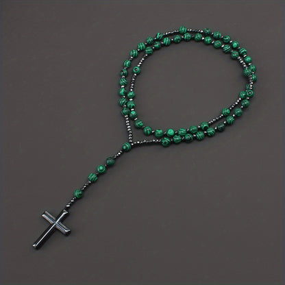 1pc Fashion Vintage Style Jewelry Round Bead Malachite Black Howlite Cross Religious Prayer Beads Men's Long Necklace for Daily Wear
