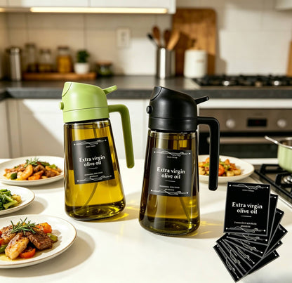 Set of 2 Kitchen Glass Olive Oil Dispensers, a 2-In-1 Oil Bottle And Cooking Sprayer, 16-Ounce Premium Dark Green Glass Oil Bottle, Cooking Oil Dispenser, Kitchen Oil Sprayer, Includes 6 Stickers, Suitable for Grilling, Rvs, Salads