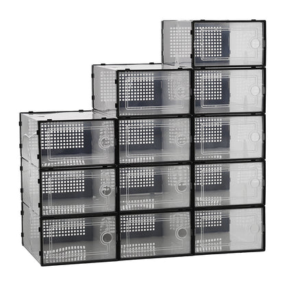 Folding Shoe Storage Box, 12 Pack Clear Transparent Shoe Storage Boxes Hard Plastic Stackable Organiser Containers Bins, DIY Easy Assembly, Sturdy & Durable, Space Saving, Black Door Frame, Foldable and Versatile for Sneakers, Fit up to UK Size 9.5