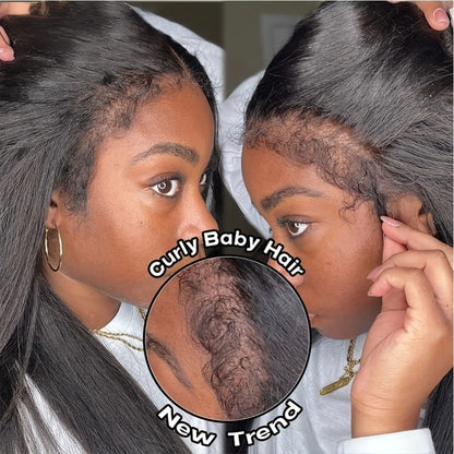 13x4 Lace Front Wig Human Hair – Yaki Straight 4C Kinky Edges, Transparent Lace, Pre-Cut Natural Hairline with Curly Baby Hair, Wigs for Black Women (50.8cm–60.96cm)