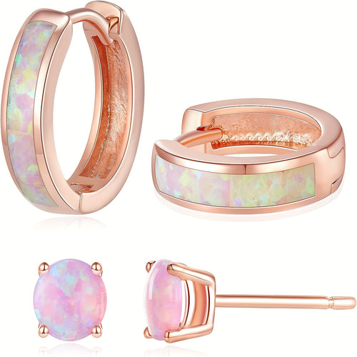 Opal Stud Huggie Hoop Earrings Set: Hypoallergenic Small Hoops Earrings for Women Sensitive Ears