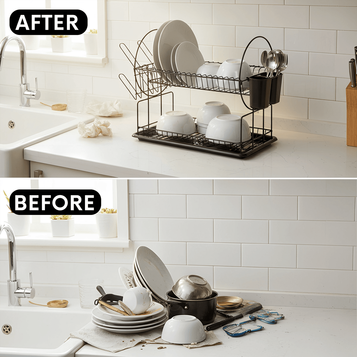 AEX 2 Tier Dish Drainer Rack – Stainless Steel Kitchen Counter Dish Drying Rack with Drip Tray, Cutlery Holder and Cup Holder