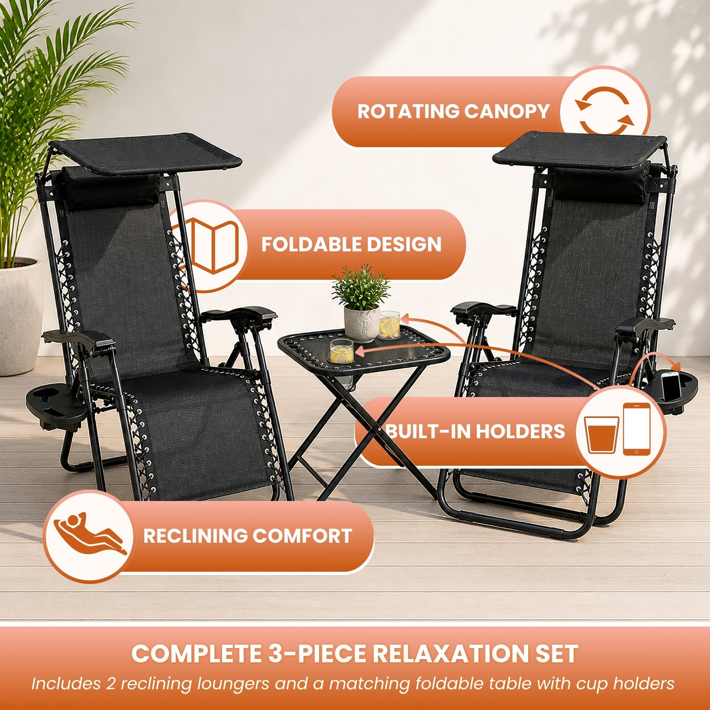 Garden Mile 3pcs Zero Gravity Sun Lounger Set with Table - 2 Folding Reclining Chairs with Canopy Shade, Cup Holder & Phone Tray, Adjustable Headrest, Portable Garden, Patio, Beach Chairs - Black