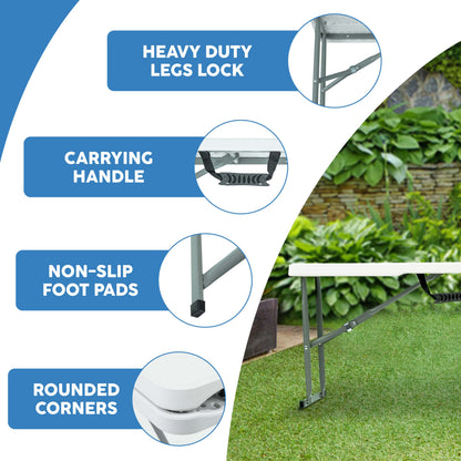 6FT Folding Bench - Portable White Folding Garden Bench for Indoor/Outdoor Use, Suitable for Dining, Picnics, BBQs, Camping, and Versatile Seating in Gardens, Patios, or Events