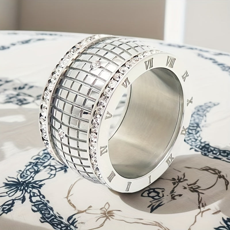 1pc Cross-Border New Karen Stainless Steel Large Roman Numeral Non-Fading High-End Exaggerated Ring