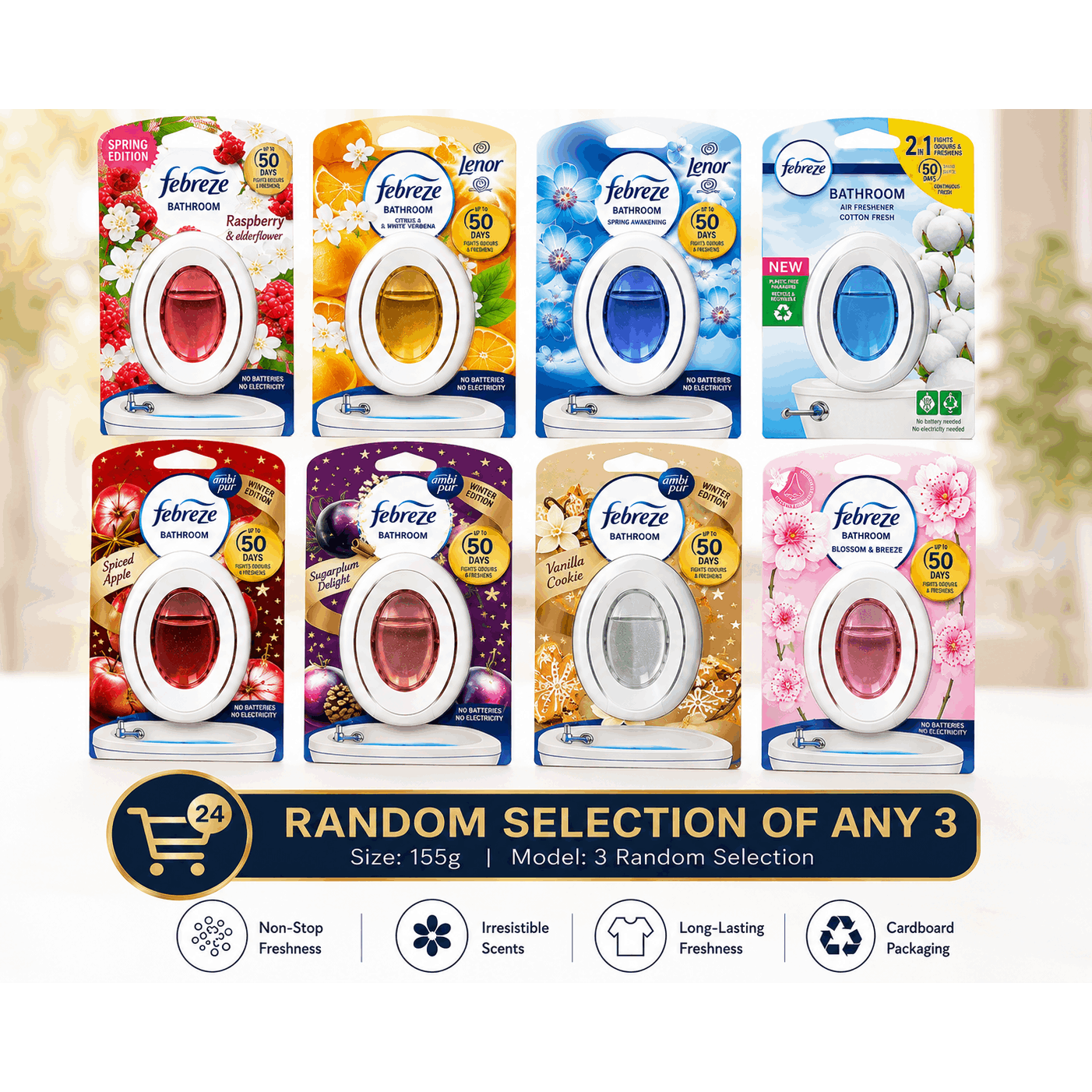 Random selection of 3 Fresh Febreze Bathroom Air Freshener Variety Pack