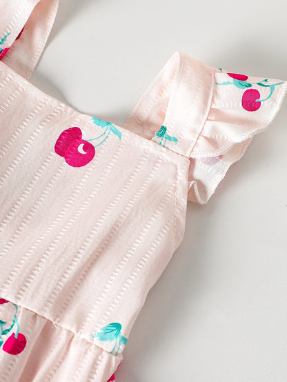 Summer European and American Fashion Baby Girl Onesies, Retro Casual Onesies with Cute Cherry Prints, Playful Flutter Sleeves, Suitable for Daily Wear, Outdoor Activities, Perfect for Outdoor