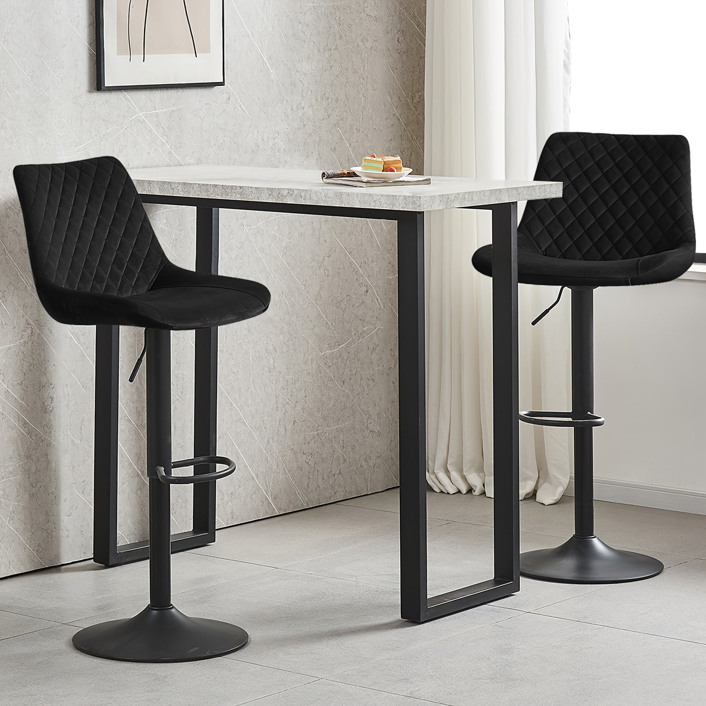 Height Adjustable Velvet Bar Stools Set of 1 or 2, Gas Lift Breakfast Barstool with Back & Footrest, Diamond Stitch Steel Frame Counter Stool for Kitchen Island Pub Home Bar