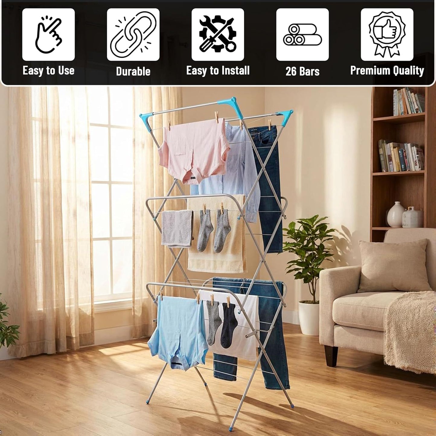 UTTAM Clothes Airer Alloy Steel Foldable Design : Sturdy with Corner Hooks and Sock Dryer - 15M / 15KG Drying Capacity (1, Grey)
