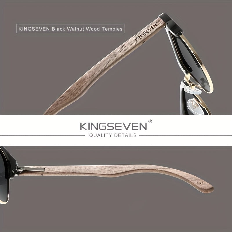 KINGSEVEN Black Walnut Wooden Handmade Semi-Rimless Retro Polarized Eyewear for Men Women