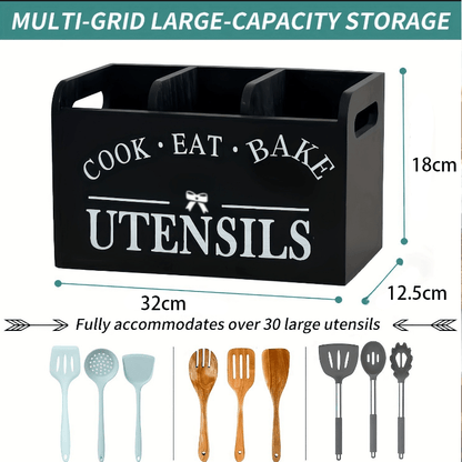 Kitchen Utensil Holder with 3 Compartments, Organizer with 3 Compartment and, Farmhouse Utensil Organiser Cutlery Caddy, Cooking Tools Storage for Countertop (white)