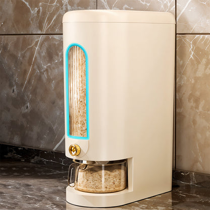5-10KG Rice Dispenser Type Rice Holder Dispenser Rice Holder Bucket with Measuring Cup for Flour, Beans, Rice, Cereal, Pet Food, Large Countertop Grain Storage Container, Cream White